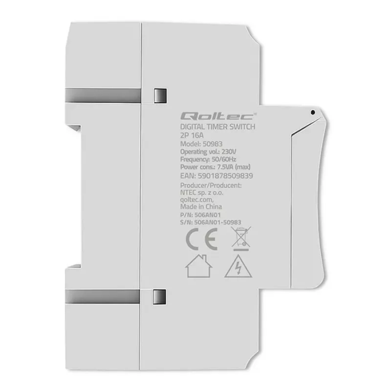 Elektroninis DIN bėgio laikmatis QOLTEC 50983, maitinamas baterija, automatikos grandinėms
