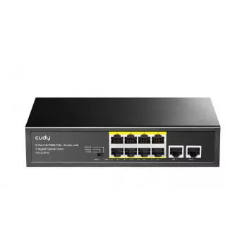 Tinklo jungiklis Cudy FS1010PG — 10/100 Mbps, 8 PoE prievadai, 2 uplink, 120 W PoE biudžetas, metalinis korpusas