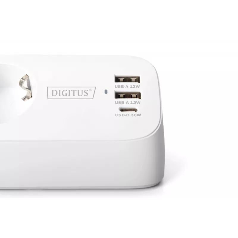 DIGITUS 3 krypčių ilgintuvas su 2×USB-A ir 1×USB-C, 3 kištukiniai lizdai E/F, 1,5 m laidas, baltas