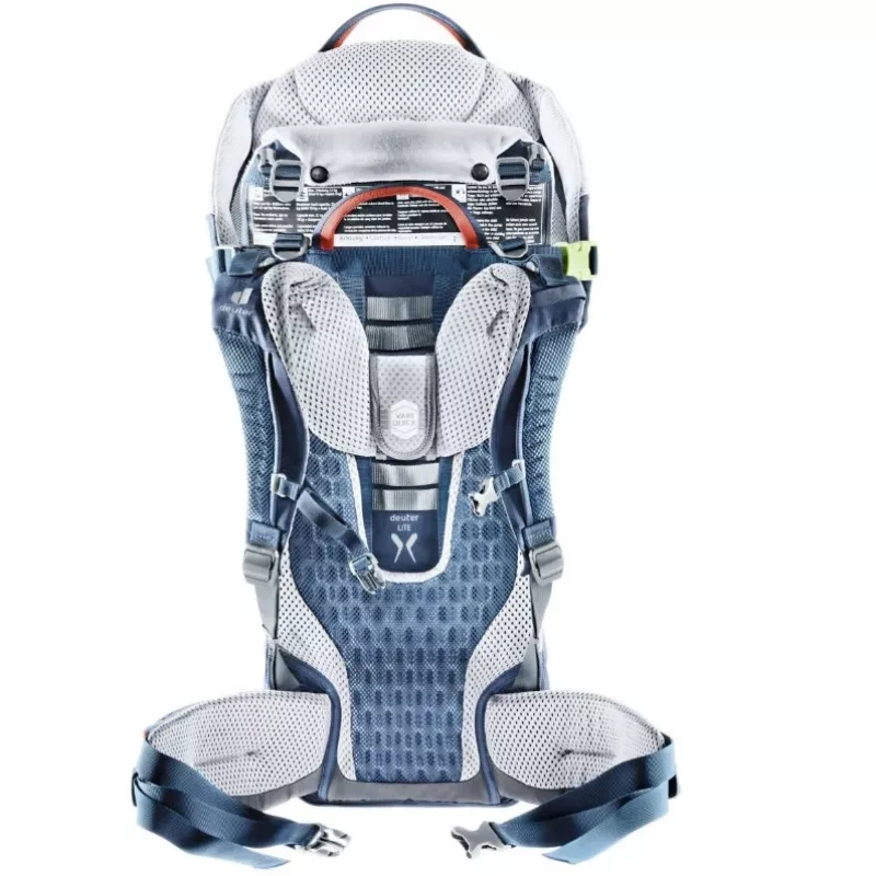 Kūdikio nešimo kuprinė DEUTER Kid Comfort Active – mėlyna, poliamidas, iki 22 kg, saulės stogelis, kojų atrama, VariQuick, Lite Air