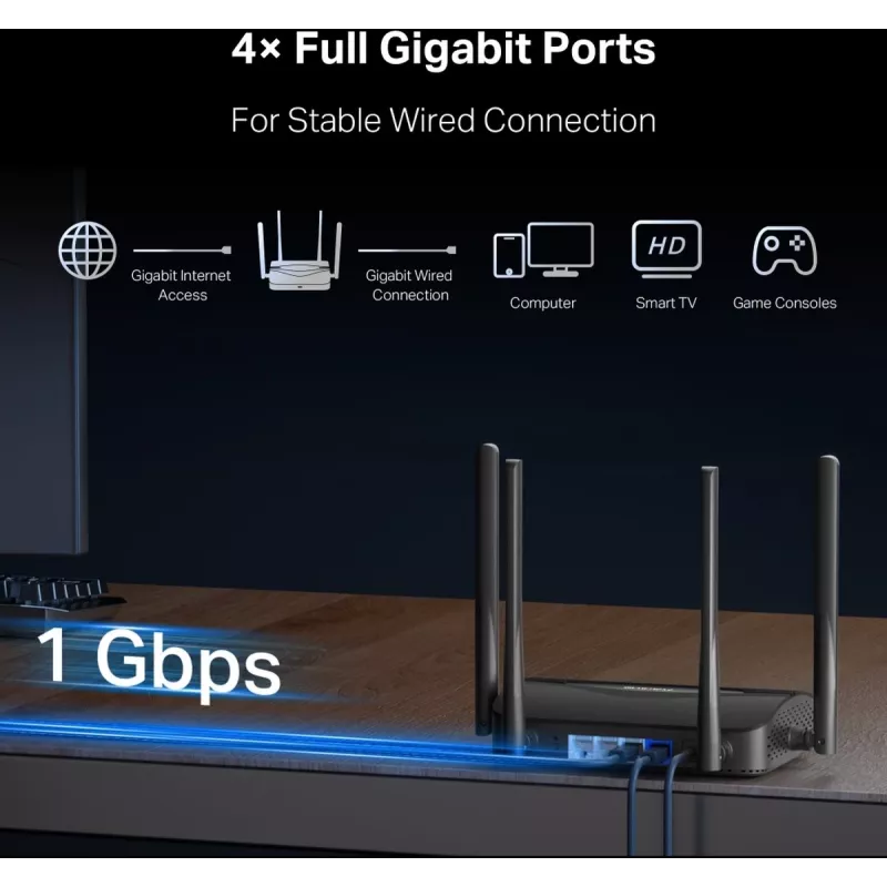 Stalinis maršrutizatorius MERCUSYS MR25BE EasyMesh Wi‑Fi 7 dviejų juostų 2.4/5 GHz, 3600 Mbps, 3× Gigabit LAN, 4 išorinės antenos