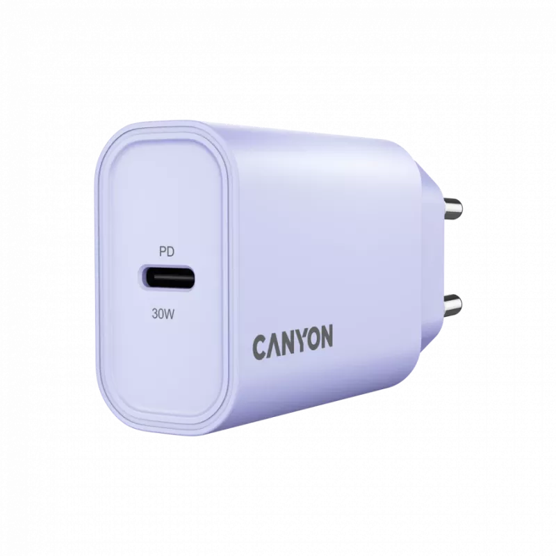 Sieninis įkroviklis CANYON OnCharge 30CL, 30W USB-C PD, 1x PD išėjimas, EU kištukas, Violetinė