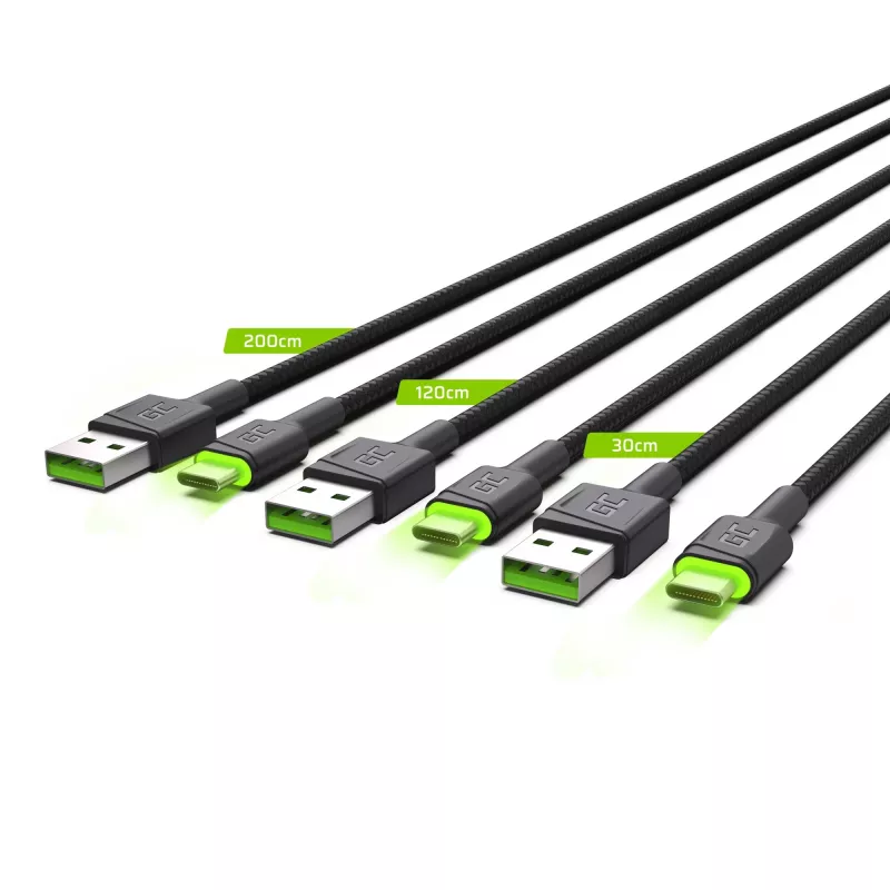 Green Cell GC Ray KABGCSET01 USB-A į USB-C kabelių komplektas, 3 vnt. (30 cm, 120 cm, 200 cm), žalia LED šviesa, QC 3.0 greitasis įkrovimas, juodas