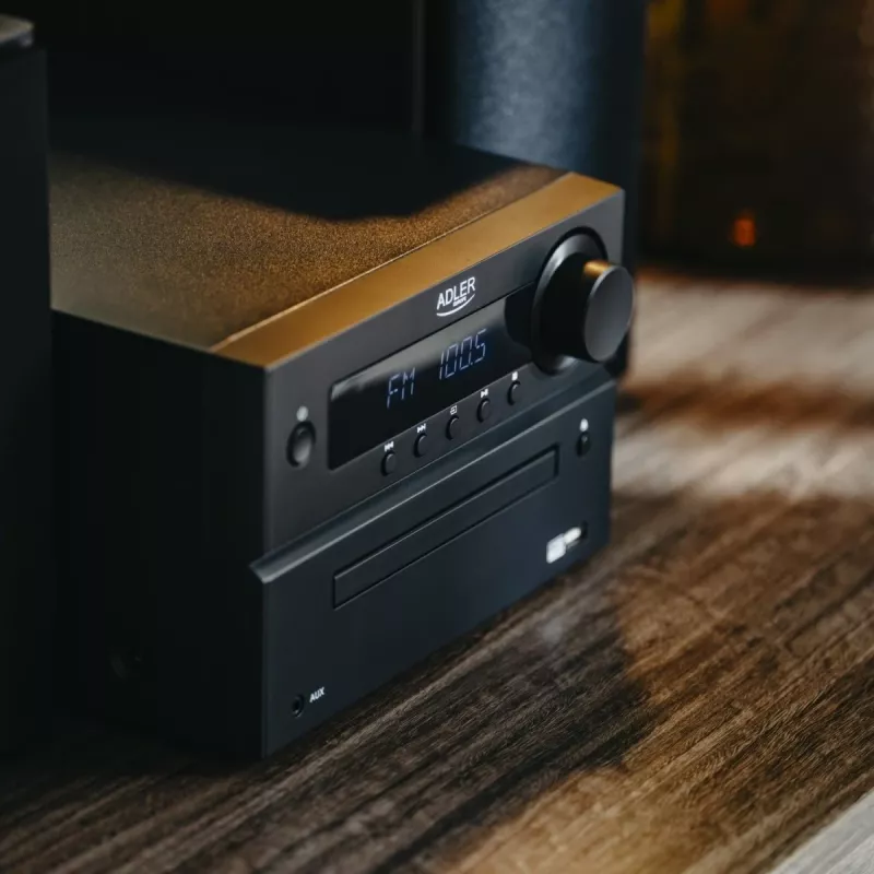 Mini Hi-Fi stereo sistema Adler AD 1917 – Bluetooth 5.3, CD/USB/MP3, 2×25 W RMS, FM imtuvas, 4 juostų ekvalaizeris, AUX, juoda