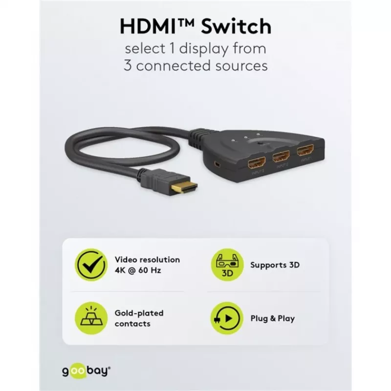 HDMI jungiklis 3 į 1 (4K @ 60Hz), GOOBAY, juodas, 55 cm laidas