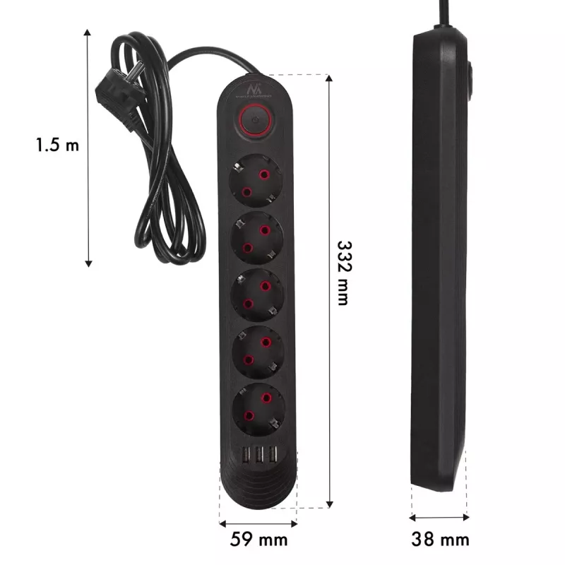 Maitinimo blokas MACLEAN MCE395 B – 5 kištukiniai lizdai, 3×USB, 110–240V AC, 2.1A USB, 2500W, 1,5 m laidas, juodas
