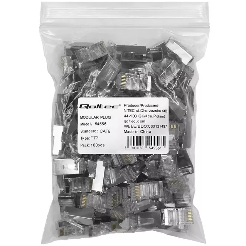 RJ45 modulinis jungtis QOLTEC 54556 CAT6 FTP, sidabrinė, 18×22×11 mm, pakuotė po 100 vnt.