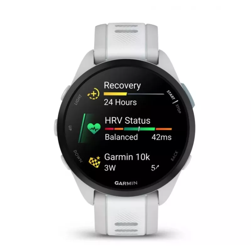 Išmanusis laikrodis GARMIN Forerunner 165 – GPS, AMOLED 1,2 colio, 4 GB, 5 ATM, 11 dienų baterija, pilkas korpusas, baltas dirželis