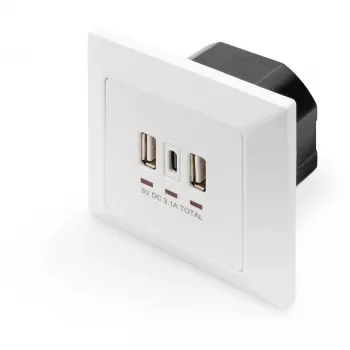 DIGITUS DA-70618 – įmontuojamas lizdas su 2 USB-A ir 1 USB-C jungtimis, 3.1 A, signalinė balta (RAL 9003)