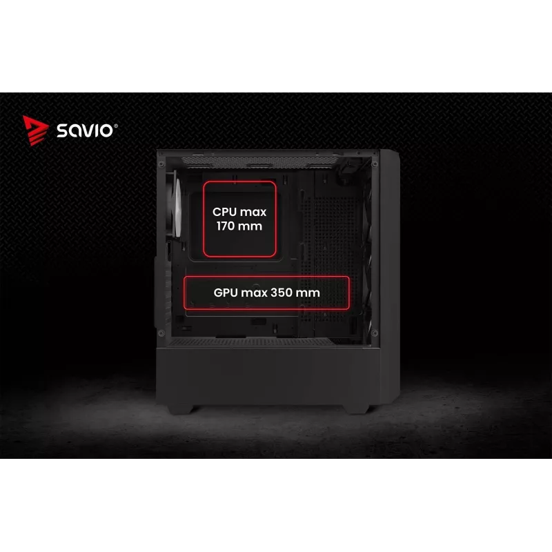 PC korpusas SAVIO Noctis Glass RGB — Juodas, ATX/Micro-ATX, 210×410×450 mm, 3×120 mm priekiniai ventiliatoriai