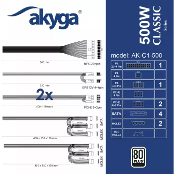 AKYGA ATX Power Supply 500W AK-C1-500 P4+4 2x PCI-E 6+2 pin 4x SATA 2x Molex APFC FAN 12cm