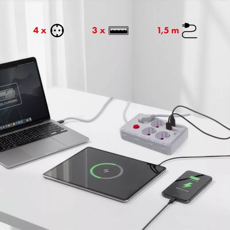 Ilgintuvas MACLEAN MCE392 W – 4 kištukiniai lizdai, 3×USB-A, 110–240V, 2.1A, 2500W, 1,5 m laidas, baltas