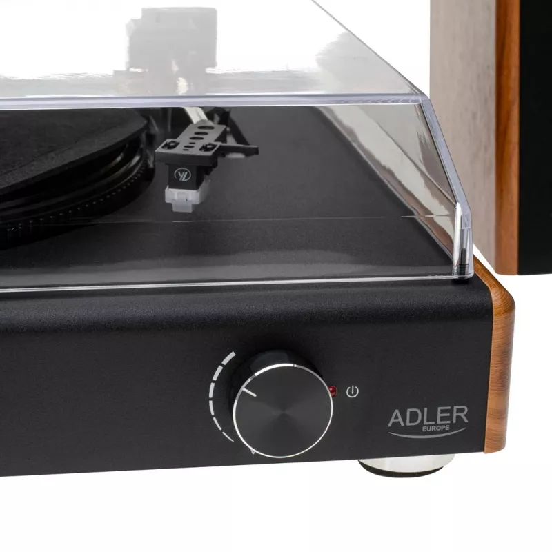 Patefono grotuvas su diržine pavara Adler AD 1915 USB – keraminė plokštelė, 45 RPM, nuolatinės srovės variklis, Bluetooth 5.4, USB išvestis, 2×10 W garsiakalbiai