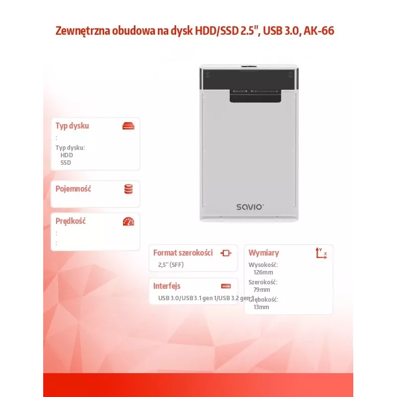 Išorinis HDD/SSD dėklas Savio AK-66