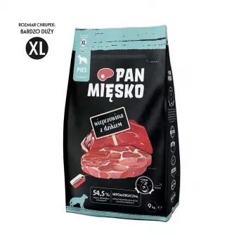 Sausas šunų ėdalas Pan Miesko Mr. Pork su šerniena XL — 9 kg, suaugusiems didelių ir milžiniškų veislių šunims, baltymai 30%, riebalai 21%