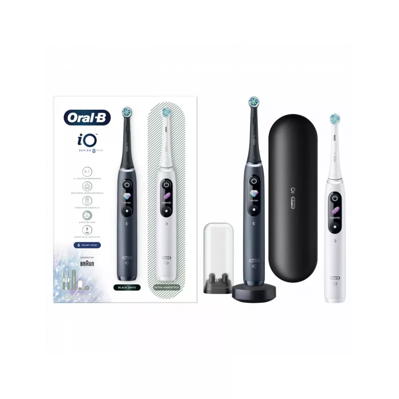 Oral-B iO8 Series Duo elektrinis dantų šepetėlis, įkraunamas, 2 antgaliai, 6 režimai, juodas/baltas