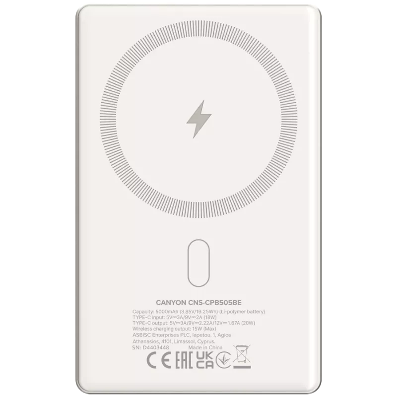 Canyon OnPower 505 – Powerbankas 5000 mAh, USB-C PD 20W, belaidis magnetinis įkrovimas