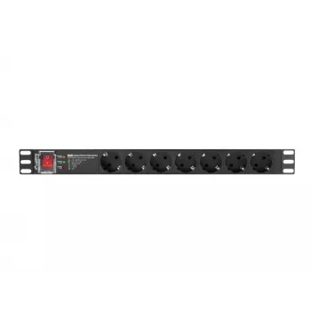 Maitinimo skirstytuvas LANBERG PDU-PRO-07F-0200-BK — 1U stovo PDU, 7 F tipo lizdai, 16 A, 2 m laidas, juodas