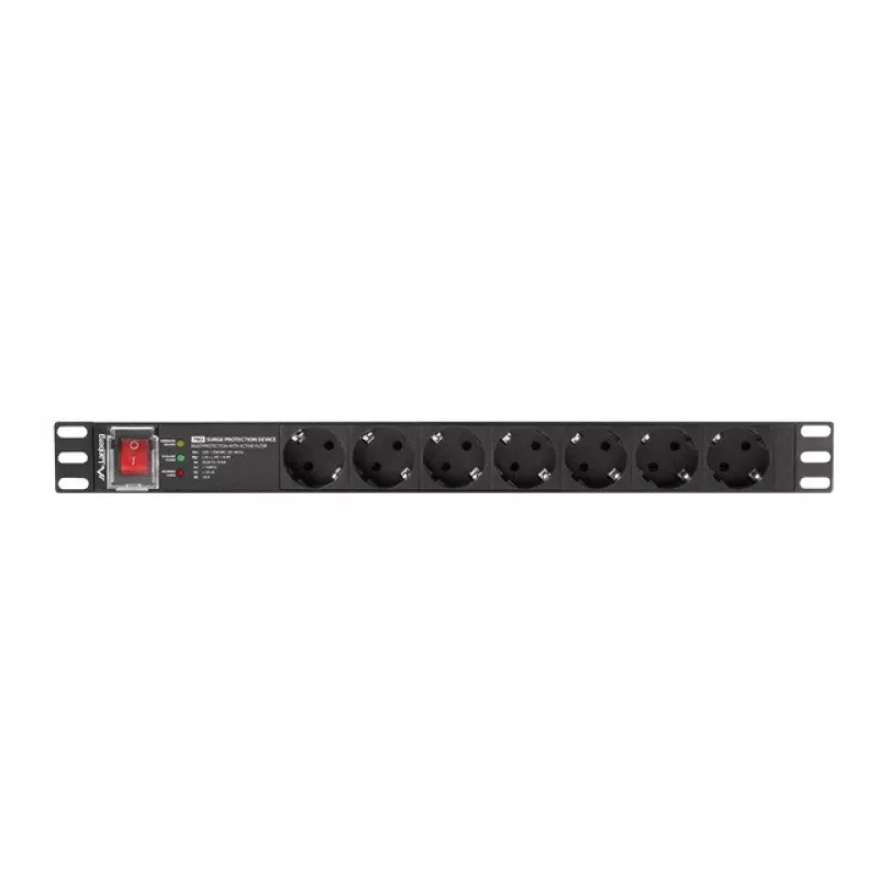 Maitinimo skirstytuvas LANBERG PDU-PRO-07F-0200-BK — 1U stovo PDU, 7 F tipo lizdai, 16 A, 2 m laidas, juodas