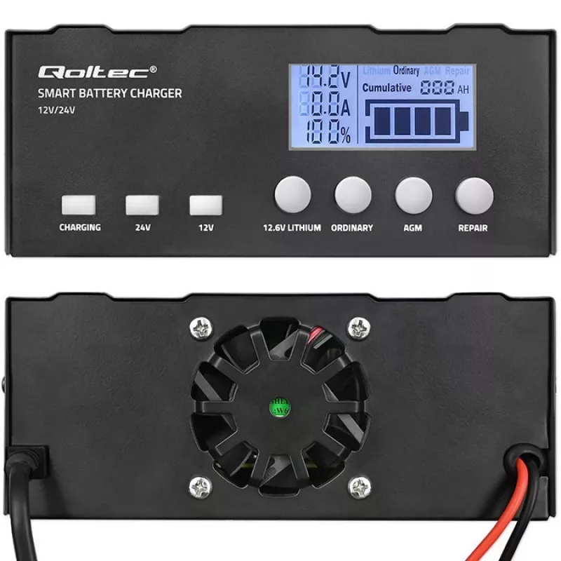 Baterijų įkroviklis QOLTEC 52491 mikroprocesorinis 12V/12,6V/24V su LCD
