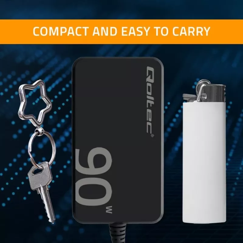 Qoltec 90W GaN Super Fast SLIM sieninis įkroviklis | XP | 5-20V | 4,5A | USB-C 3.1 | Nešiojamam kompiuteriui | MacBook | Išmaniajam telefonui | + laidas