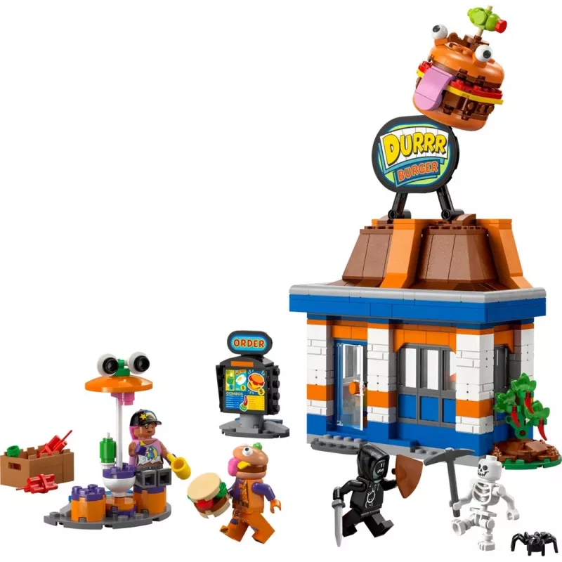 LEGO FORTNITE 77076 Durrr Burger restorano statybinis rinkinys — 546 dalių, 4 minifigūrėlės, 270×180×90 mm