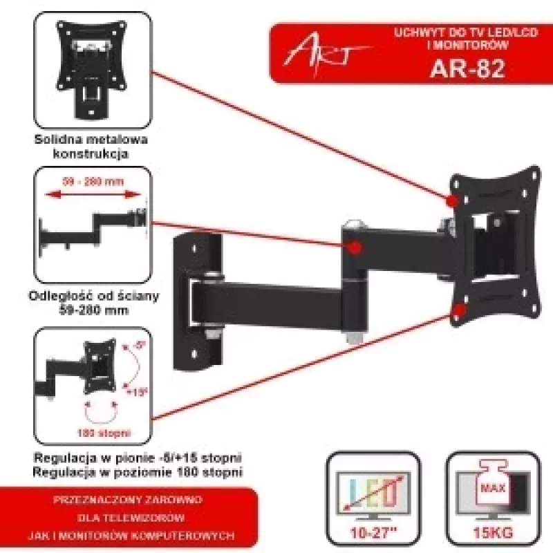 Laikiklis TV LCD/LED 10-27 15kg AR-82 reguliavimas vertikalus/horizontalus 28cm