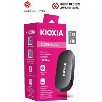 KIOXIA EXCERIA Plus G2 nešiojamas SSD 2TB, iki 1050MB/s skaitymas, 1000MB/s rašymas, MIL-STD kritimo testai, 256 AES šifravimas