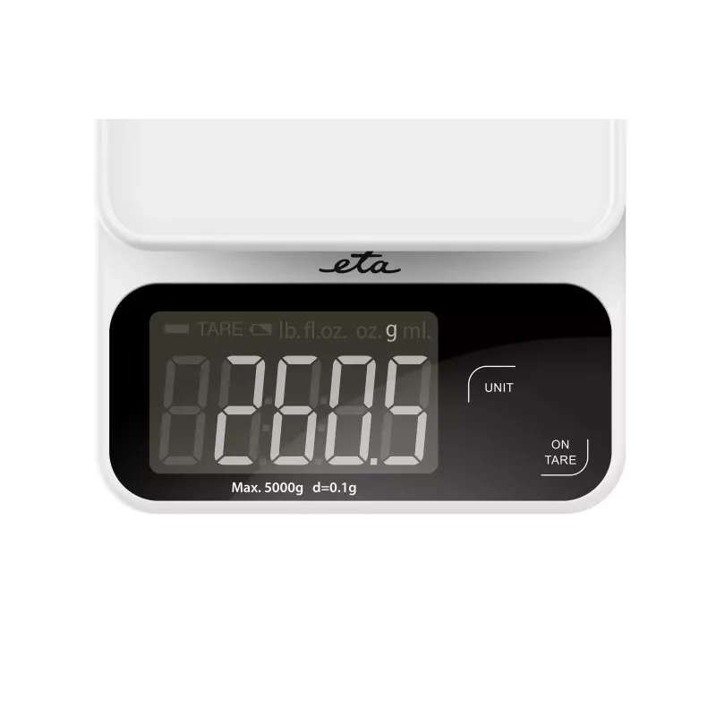 Elektrinės virtuvinės svarstyklės ETA POPI balta – 5 kg, 1 g tikslumas, LCD ekranas, AAA baterijos