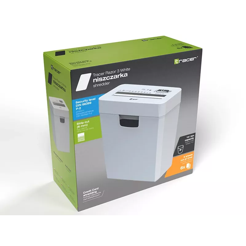 Popieriaus smulkintuvas TRACER Tracer 47584 – kryžminis pjovimas 6 mm, iki 5–6 lapų, 10 L krepšelis, baltas