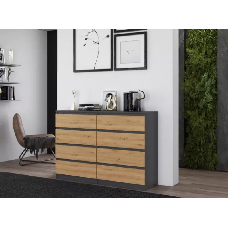 Komoda Top e shop M8 140 ANT/ART su 8 stalčiais, Antracitas/Ąžuolas, 1380×400×970 mm
