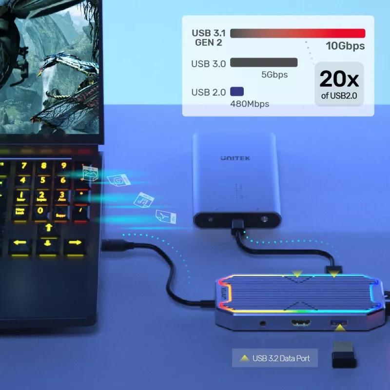 Unitek uHUB S7+ D1029A USB-C šakotuvas, USB 3.2 Gen 2 10 Gbps, HDMI 2.0, Gigabit RJ45, 3,5 mm garso lizdas, 100 W, pilkas