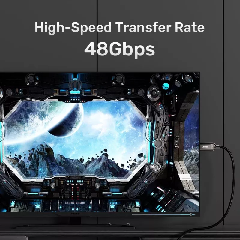 HDMI kabelis Unitek C11085GY01-15M — HDMI Type A į A, 30 m, HDMI 2.1, 8K@60Hz, 4K@144Hz, paauksuoti kontaktai, juodas
