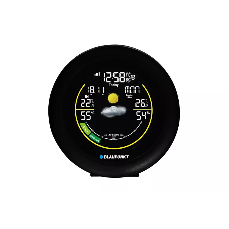Oro stotelė BLAUPUNKT WS35BK APP – LCD ekranas, temperatūra ir drėgmė, signalizacija, kalendorius, programėlės valdymas, 94×94×27 mm