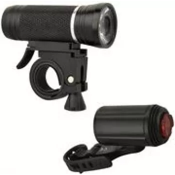 Dviračio LED žibintų rinkinys FISCHER ALU 30/15 Lux — priekinis 30 lx / galinis 15 lx, aliumininis korpusas, iki 50 000 h tarnavimo laikas