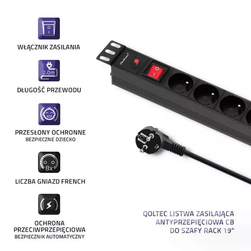 Qoltec 53996 Maitinimo juosta RACK 19 | 1U | 16A | PDU | 8x FRENCH | 2m