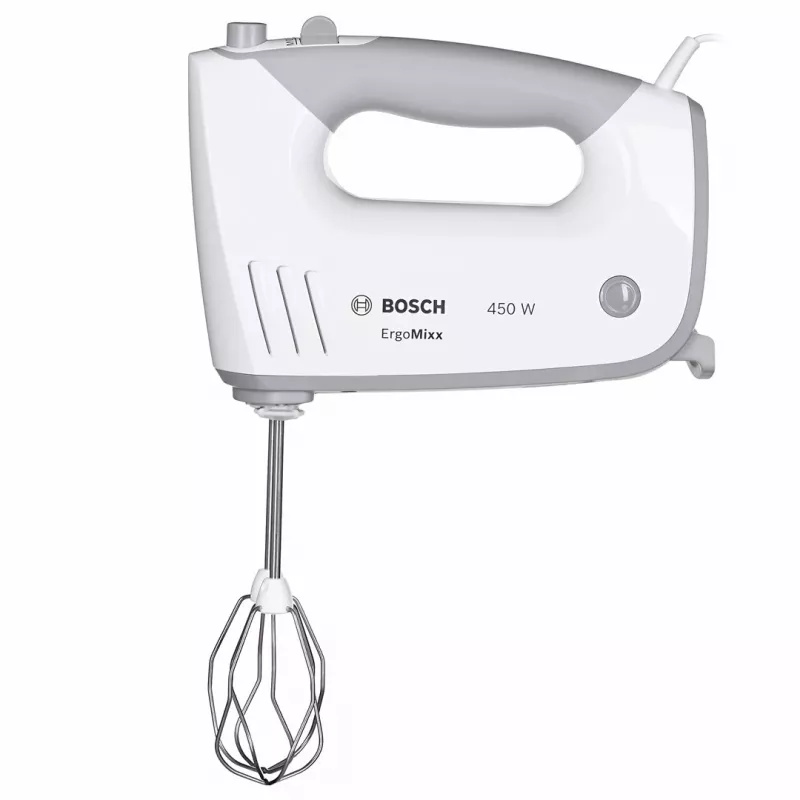 Rankinis plaktuvas Bosch MFQ36480 – 450 W, 5 greičių su turbo, pilkai baltas, plakikliai ir tešlos kabliukai