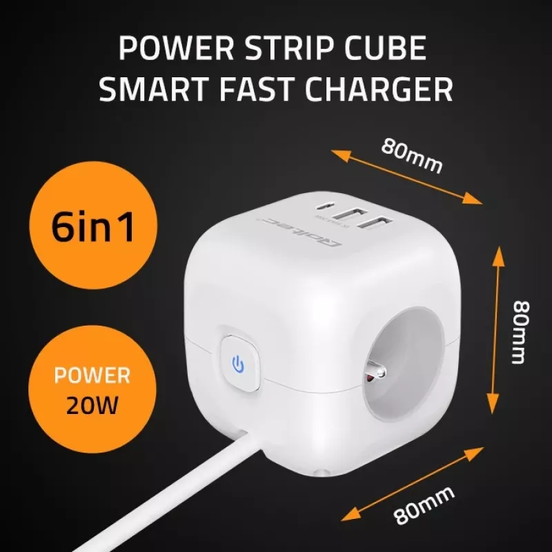 Power Cube QOLTEC 52547 ilgintuvas 3×AC lizdai, 2×USB-A, 1×USB-C PD 20W