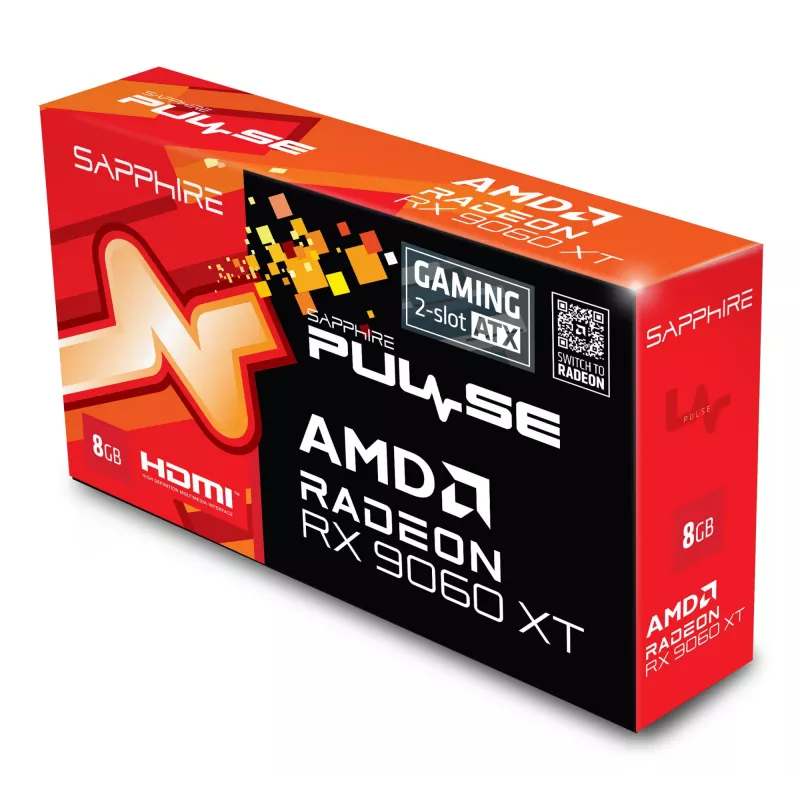 Vaizdo plokštė Sapphire Radeon RX 9060 XT – 8 GB GDDR6, 128 bitų, PCIe x16 5.0, dviejų ventiliatorių aušinimas