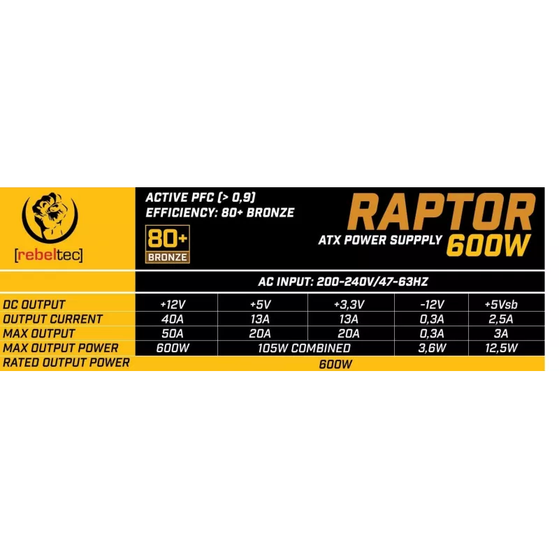 Maitinimo šaltinis RAPTOR 600W BRONZE 80+, vienguba linija, DC-DC
