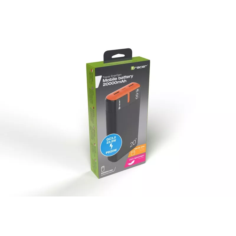 Nešiojamas įkroviklis TRACER EnerGen 20000 mAh, Power Delivery 20W, USB-C įėjimas, 2×USB-A išėjimai, 3 įrenginių palaikymas, oranžinė