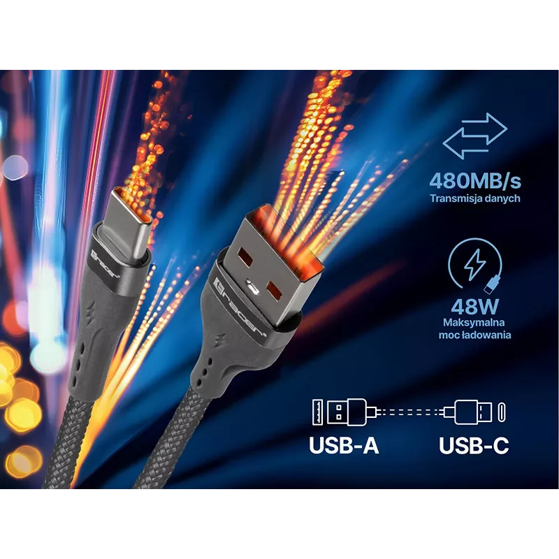 Tracer 47487 USB A - USB C laidas, 1 m, pilka