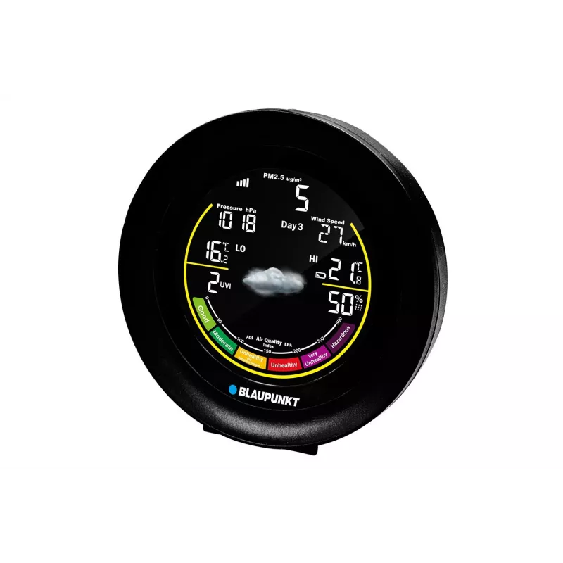 Oro stotelė BLAUPUNKT WS35BK APP – LCD ekranas, temperatūra ir drėgmė, signalizacija, kalendorius, programėlės valdymas, 94×94×27 mm