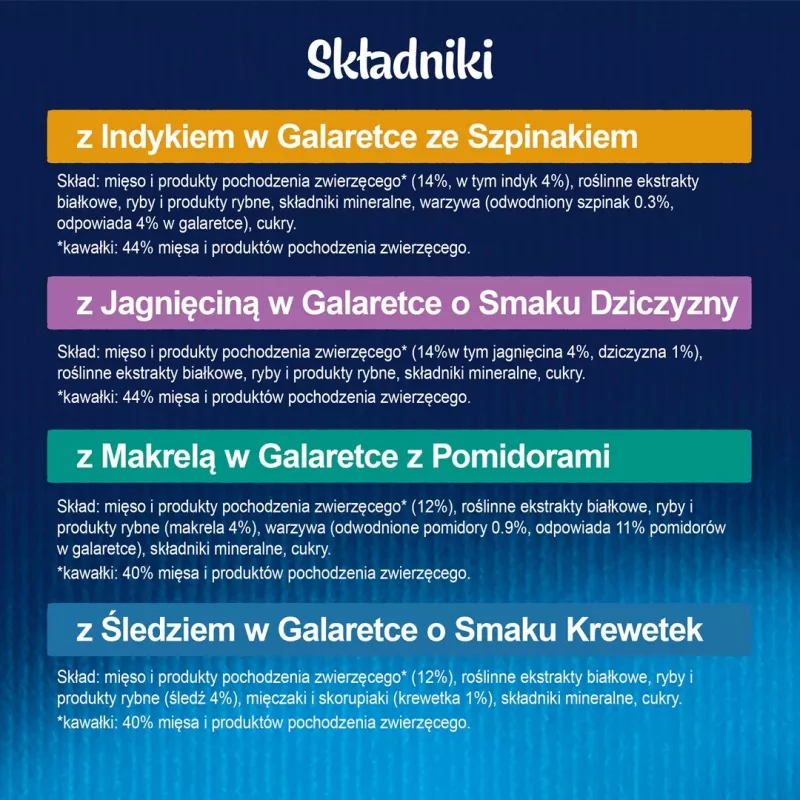 Šlapias kačių ėdalas Purina Nestlé Felix Sensations mišinys — 12×85 g pakeliai, kalakutiena, skumbrė, ėriena, silkė