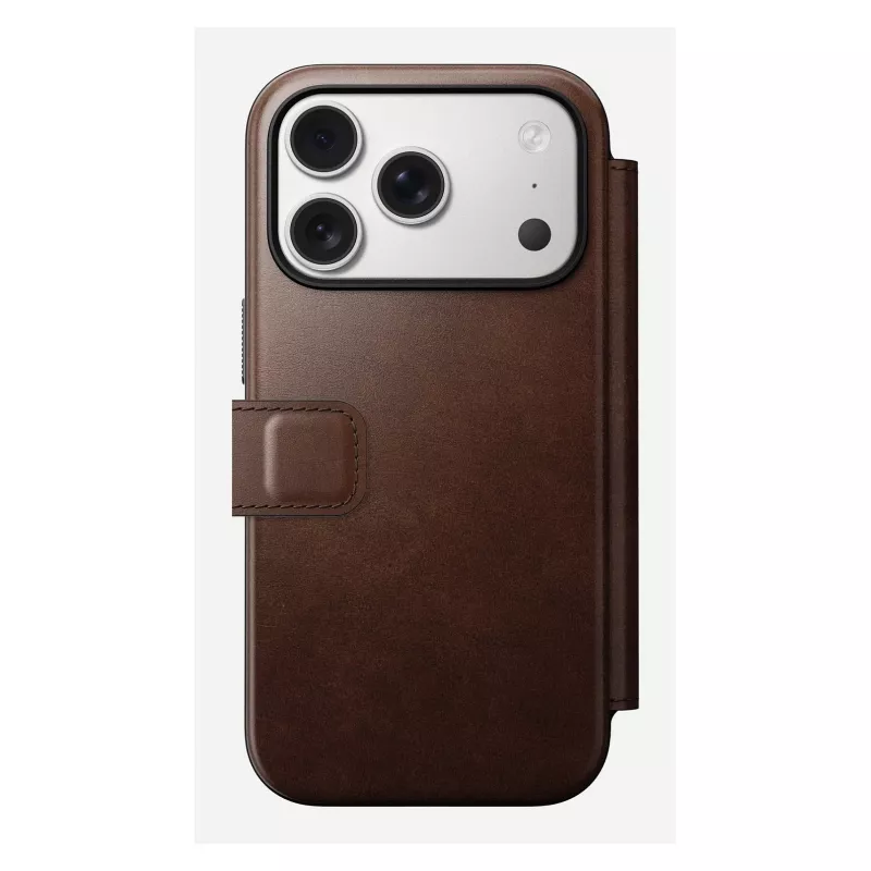 Mobiliojo telefono dėklas Nomad Modern Leather Folio, skirtas iPhone 17 Pro, oda/aliuminis, 16 cm (6,3 colio), rudas, 4 kortelių kišenės