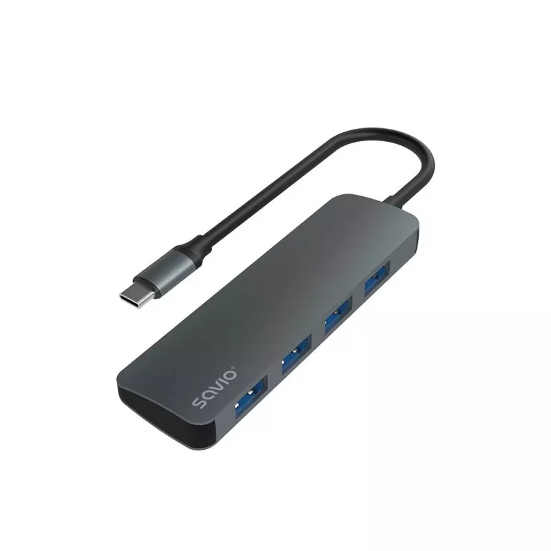 USB šakotuvas SAVIO AK-54 — 4× USB-A (USB 3.2 Gen 1), USB-C jungtis, juodas