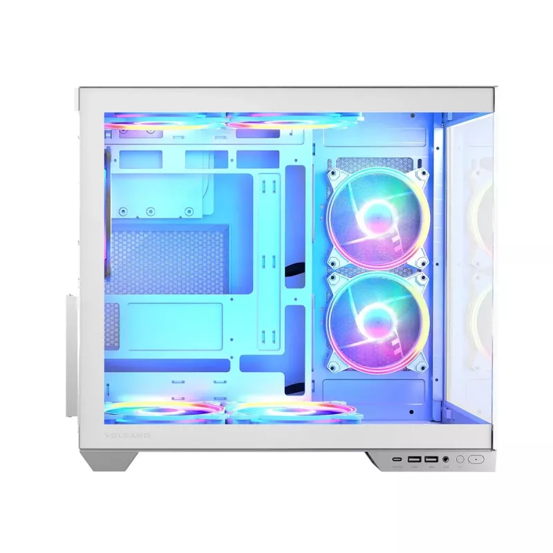 PC korpusas MODECOM Volcano Panorama Midi Tower baltas – micro ATX, grūdintas stiklas, ARGB, USB-C, palaiko GPU iki 400 mm