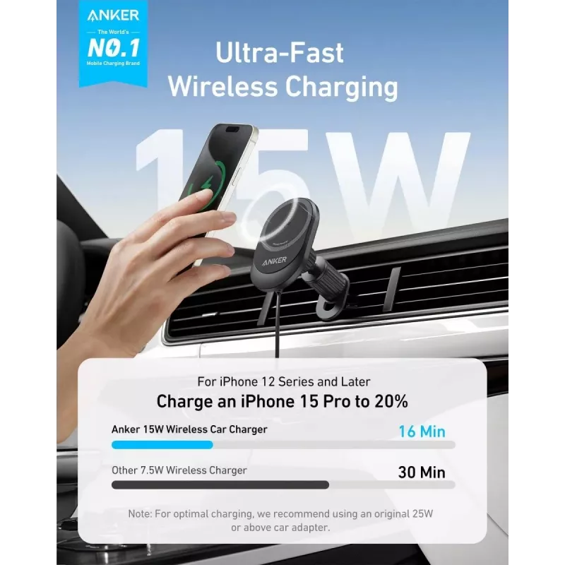 Belaidis magnetinis automobilinis kroviklis Anker MagGo 15W – 15W Qi greitasis krovimas išmaniesiems telefonams, juodas