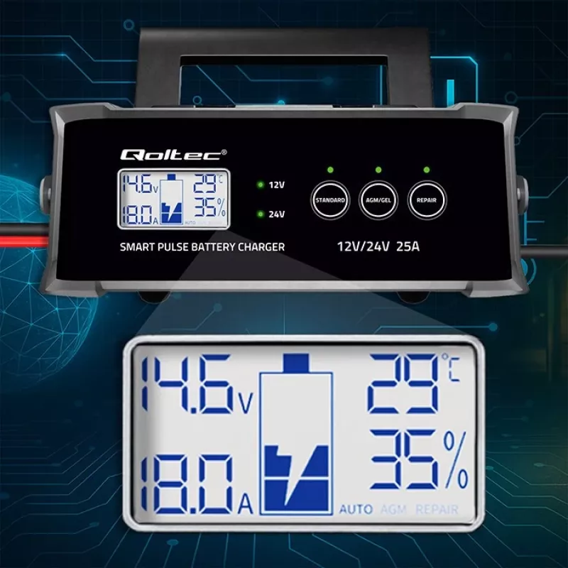Įkroviklis QOLTEC 52514 – 12V/24V, 25A, AGM/GEL/SLA baterijoms su LCD ekranu