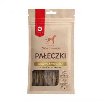 Šunų skanėstai MACED Beef Sticks su kepenėlėmis 100 g – natūralūs kramtomi lazdelių užkandžiai šunims
